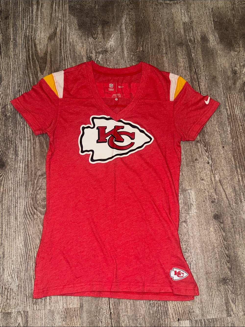Nike Red Kansas City Chiefs V-Neck Team Tee with Yellow Accents